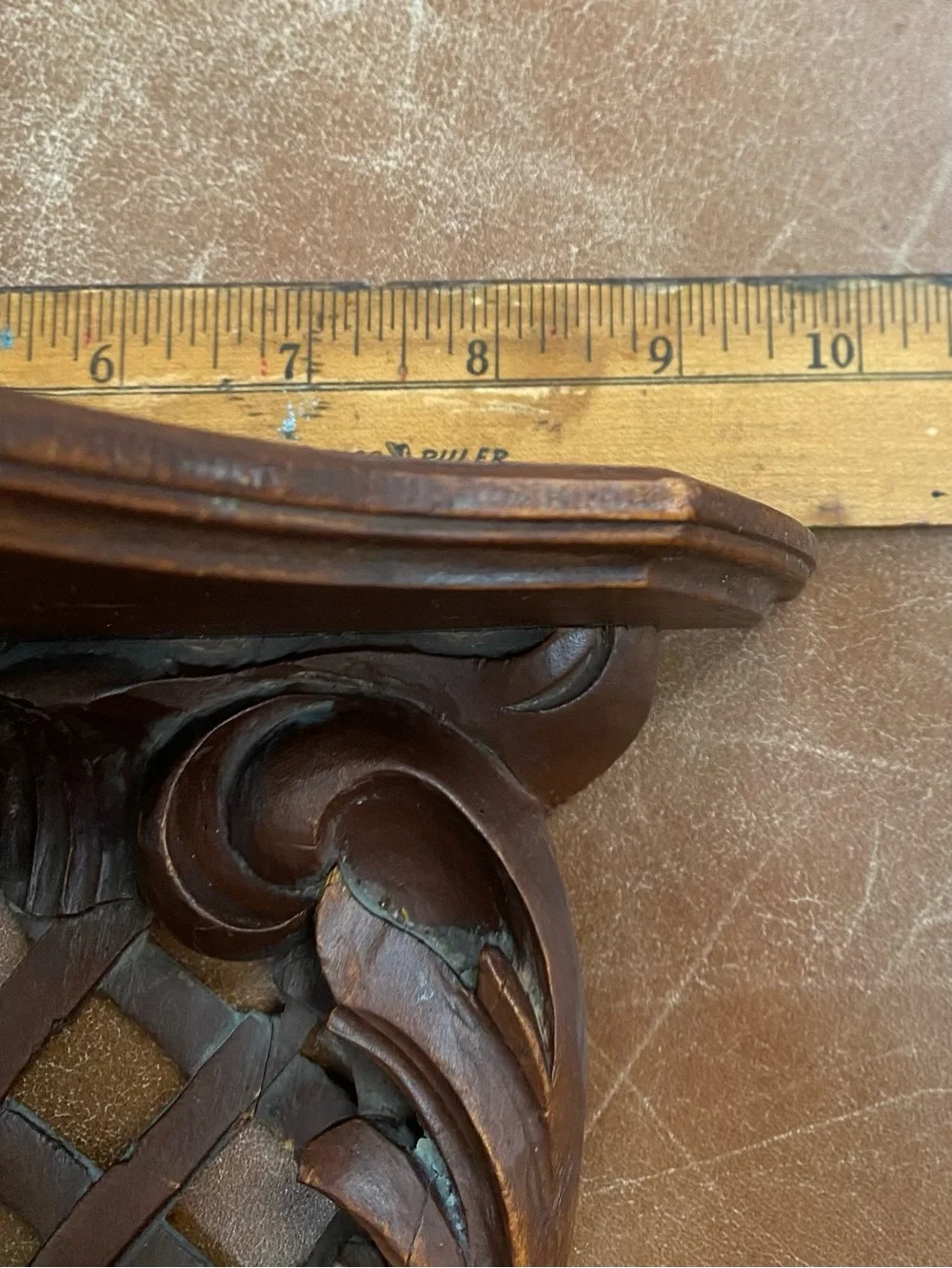 Vintage Hand-Carved Wooden Wall Bracket Shelf scroll detail